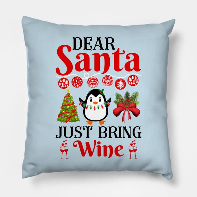 Dear Santa bring me wine funny christmas humour snow retro Pillow by SpaceWiz95