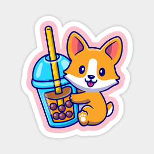 Cute Corgi Dog With Bubble Milk Tea Cartoon Magnet