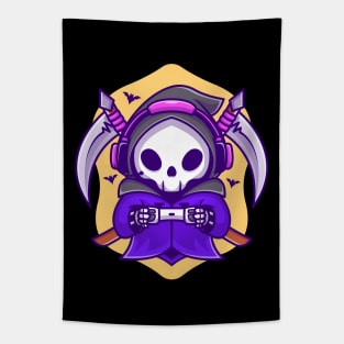 Cute Grim Reaper Gaming With Scythe Cartoon Tapestry