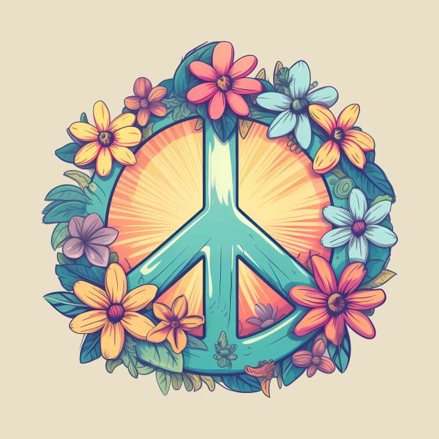 Groovy retro peace sign with pastel flowers by Unelmoija