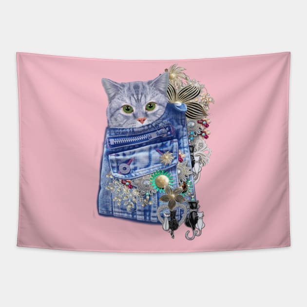 Blue Denim, lace - Costume Jewelry & Cute kitten Tapestry by Just Kidding by Nadine May