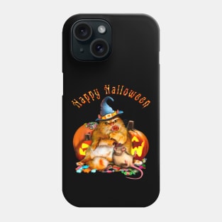 Happy Halloween Cat and Rat are eating sweets among pumpkins Phone Case