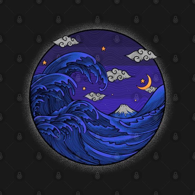 the great wave at night-engravings style by Jipau