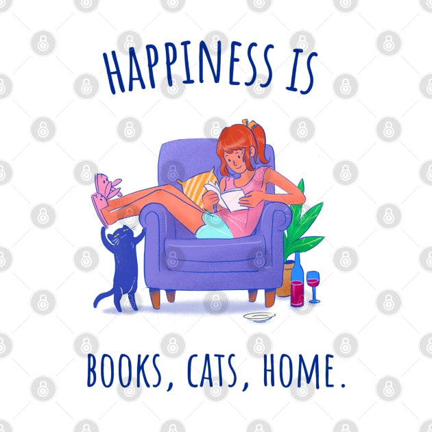 Happiness is Books, Cats, Home - Illustrated by intromerch