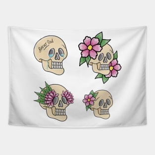 Multiple Skull Designs with Flowers and Tears - white Tapestry