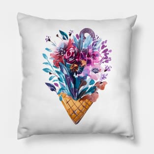 Summer Flowers Bouquet in ice Cream cone, handmade watercolor Pillow