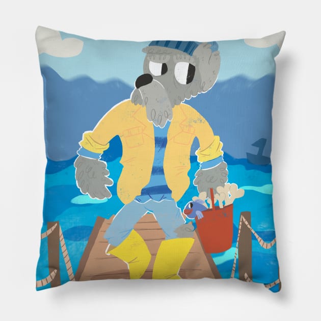 fisherman schnauzer Pillow by paigedefeliceart@yahoo.com