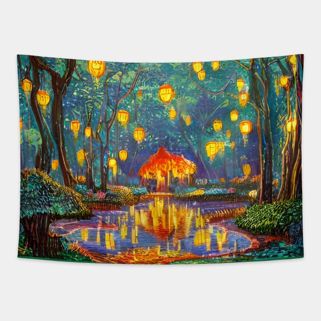 Magic Lantern Lighting Lake Water Pond Reflection Watercolor Tapestry by The Little Store Of Magic