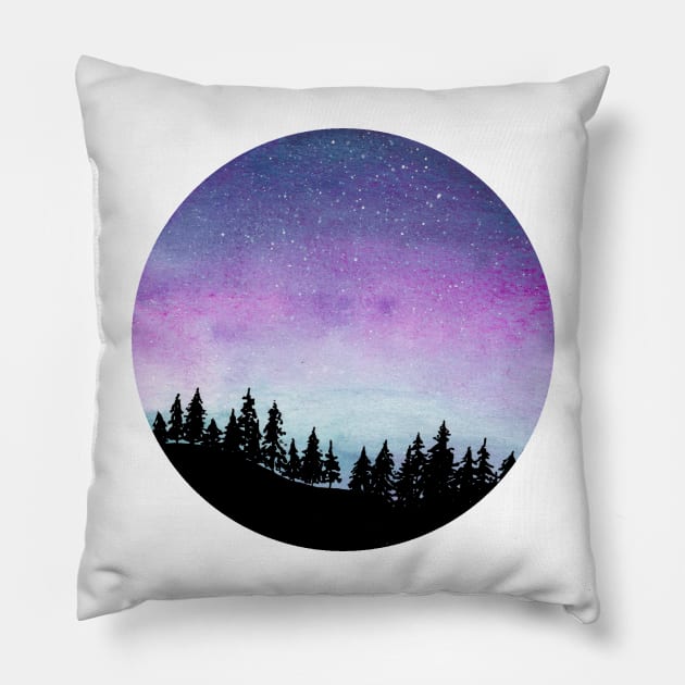 Purple and Blue Galaxy Sky - Watercolour Landscape with Tree Silhouette Pillow by Flowering Words