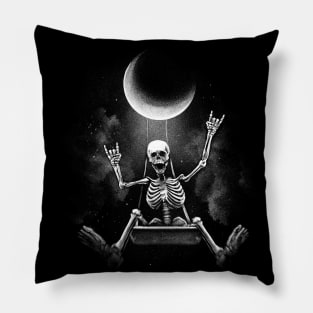 Skeleton swinging under moon and making rock hand symbols Pillow