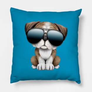 Cute British Bulldog Puppy Wearing Sunglasses Pillow