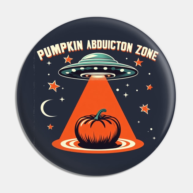 Pumpkin Abduction Zone: Retro UFO for Halloween Pin by bagaiART