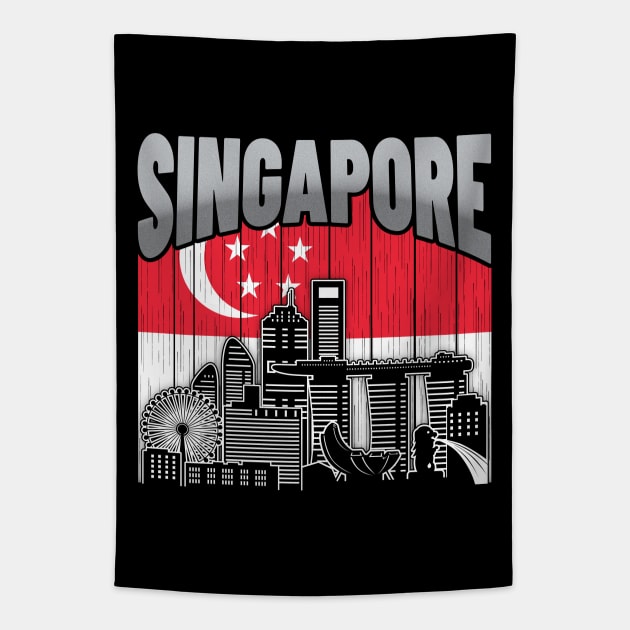 Singapore Skyline Vintage Singaporean Flag Tapestry by travel2xplanet