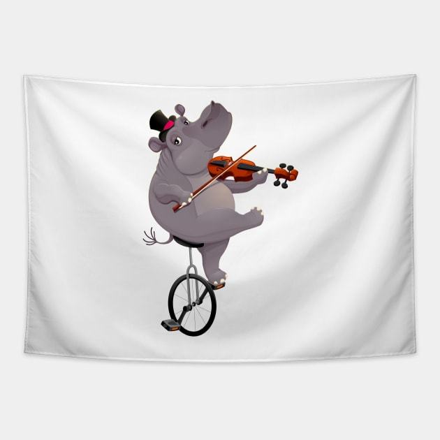 Funny hippo on an unicycle Tapestry by ddraw