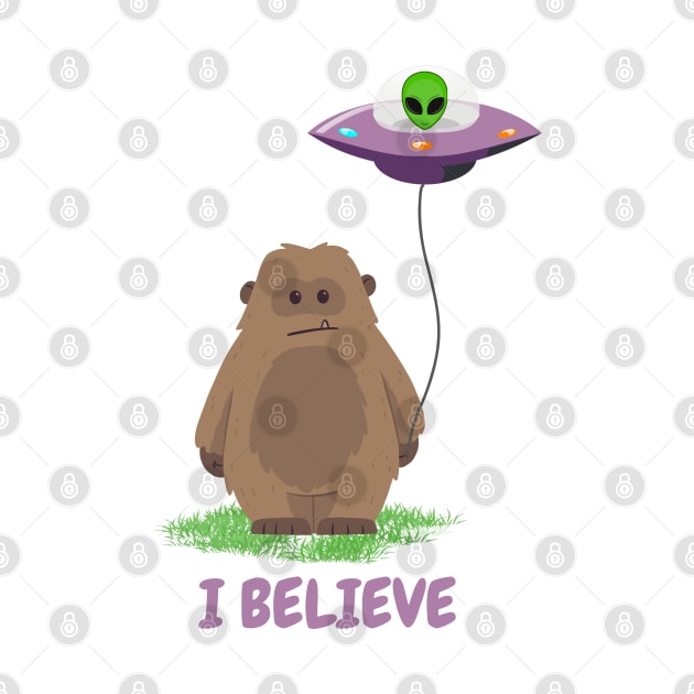 I Believe - Funny Bigfoot with UFO Balloon T-shirt by Artistry23