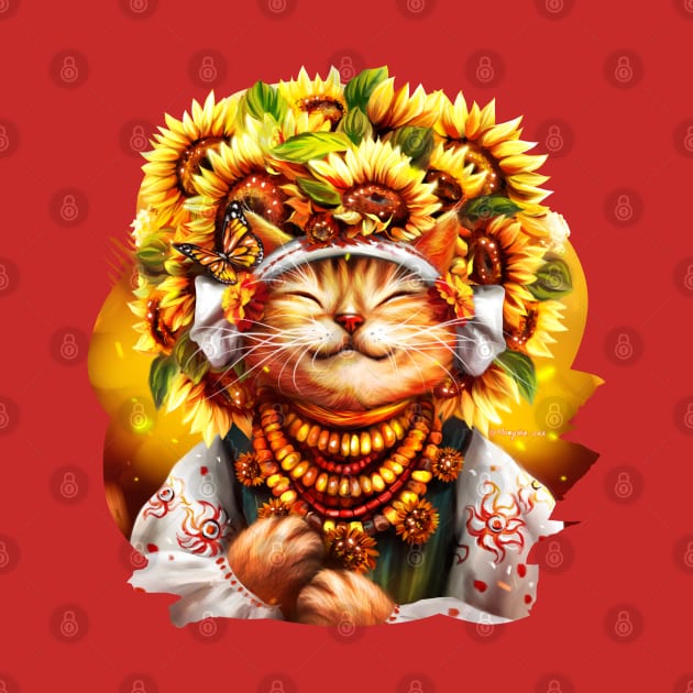 Ukrainian cat in folk costume, wearing a wreath of sunflowers, basking in the sun by Marysha_art