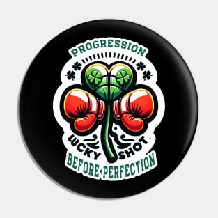 Progression Before Perfection Boxing T-Shirt - Lucky Clover & Boxing Gloves Design, Motivational Fighter Tee, St. Patrick's Day Sportswear Pin