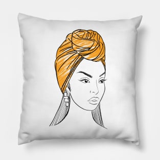 Beautiful african girl in orange turban Pillow