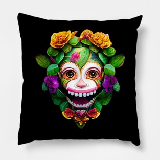 Painted Monkey Face Surrounded by Yellow and Purple Flowers Pillow