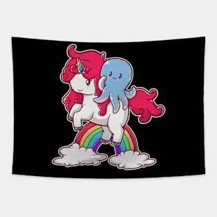 An Octopus Riding a Unicorn Over a Rainbow Tapestry