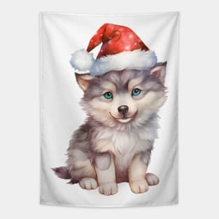 Gray Wolf in Santa Hat Tapestry