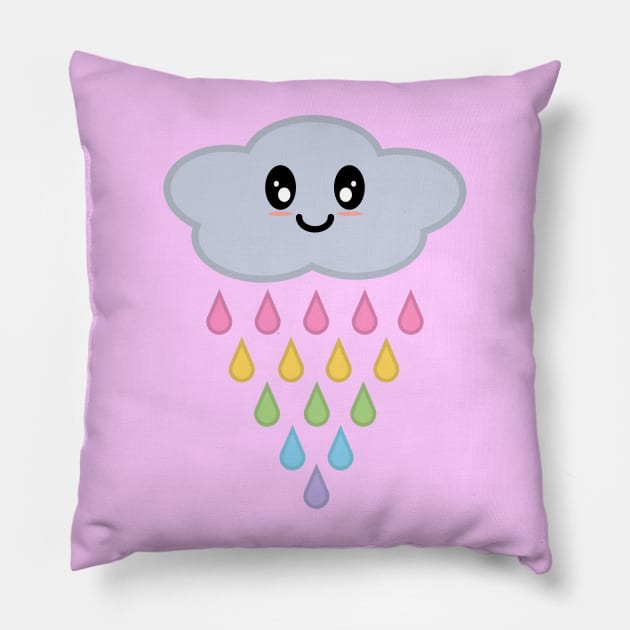 Kawaii Cute Raining Rainbow Rain Cloud in Pink Pillow by Kelly Gigi