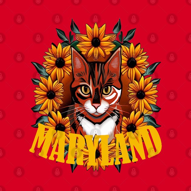 For The Love Of Maryland Calico Cat With Black-eyed susan Flowers by taiche