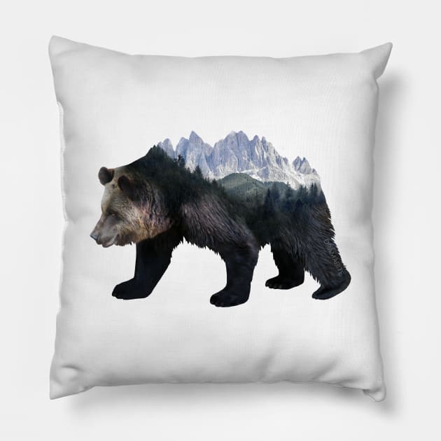 Dramabite Bear Double Exposure Surreal Wildlife Animal Mountains Pillow by dramabite