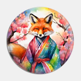 Vibrant Rainbow Kimono Kitsune with Cherry Blossoms Pin