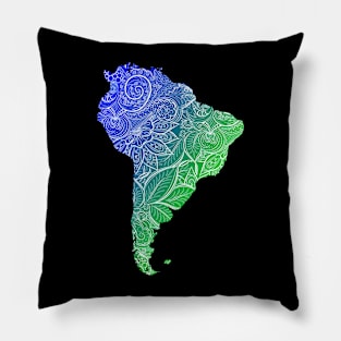 Colorful mandala art map of South America with text in blue and green Pillow