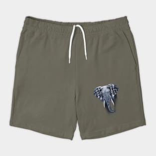 Elephant Head and Upper Trunk Against Overlaid with Japanese Text in Varying Fonts and Sizes Shorts