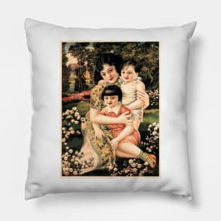 Happy Family with Children Garden Picnic Retro Vintage Chinese Pillow