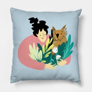 Girl hugging dog and florals Pillow