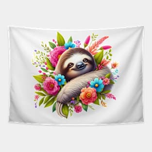 A sloth decorated with beautiful colorful flowers. Tapestry