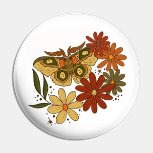 Green Boho Moth and Flowers Pin