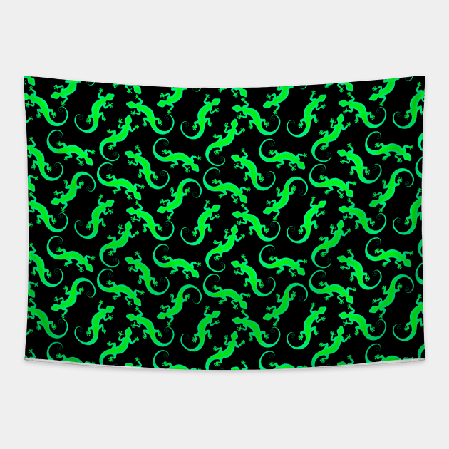 Beautiful bright glowing green artistic crawling lizards. Reptile lover. Gift ideas for animal lovers & herpetologist. Elegant classy white black seamless lizard pattern design. Herpetology. Tapestry by BlaiseDesign