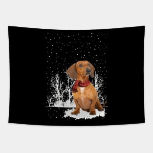 Christmas Red Dachshund With Scarf In Winter Forest Tapestry