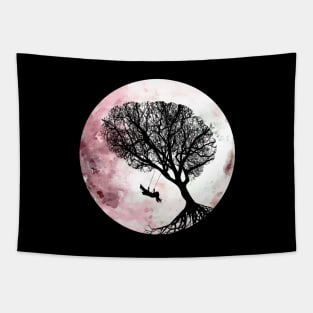 Pink moon, tree and young girl on swing ,cute, space, night, aesthetic, nature Tapestry