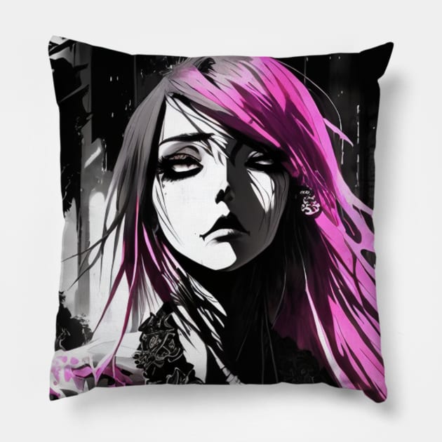 The Art of Shadows: Delve into the Mysterious Black and White Anime Girl World Goth Gothic Fashion Dark Pink Hair Pillow by ShyPixels Arts