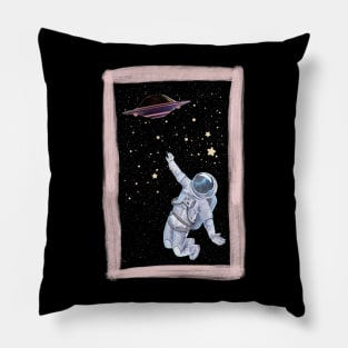 Floating astronaut Ufo alien abduction funny cute spaceship moon mars cosmic space Pillow