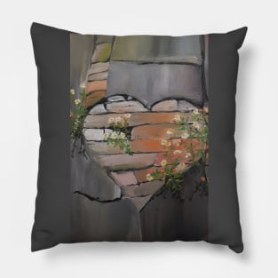 Heart on the Wall with Growing and Blossoming Flowers Pillow