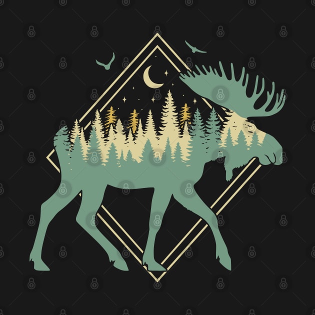 Moose Silhouette - Moose Wildlife Forest - Retro Moose Lover by OrangeMonkeyArt