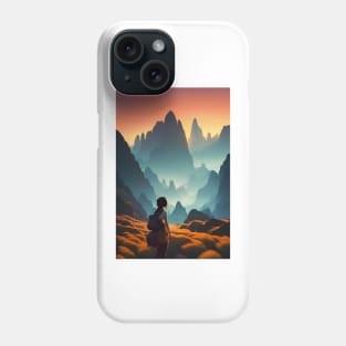 A Girl in Mountain Range at Sunset Anime Landscape Phone Case