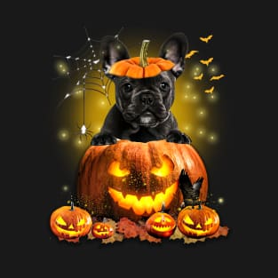 Black French Bulldog  Spooky Halloween Pumpkin Dog Head T-Shirt