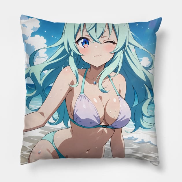Anime Girl Beach Day Pillow by T-Shirt Paradise