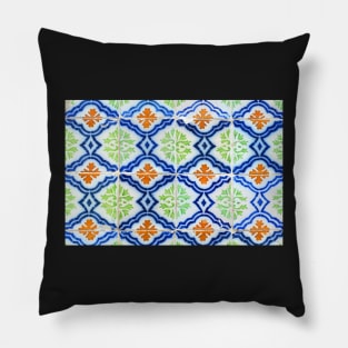 Blue, green, orange and white antique Lisbon tiles Pillow