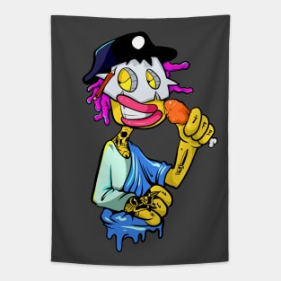 Dope Slluks character mask man eating a chicken leg illustration Tapestry