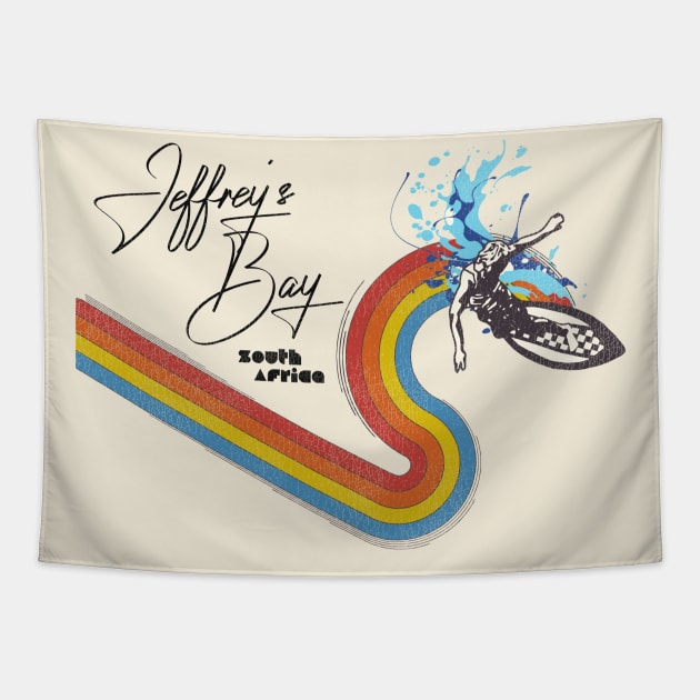 Retro 70s/80s Style Rainbow Surfing Wave Jeffrey's Bay South Africa Tapestry by darklordpug