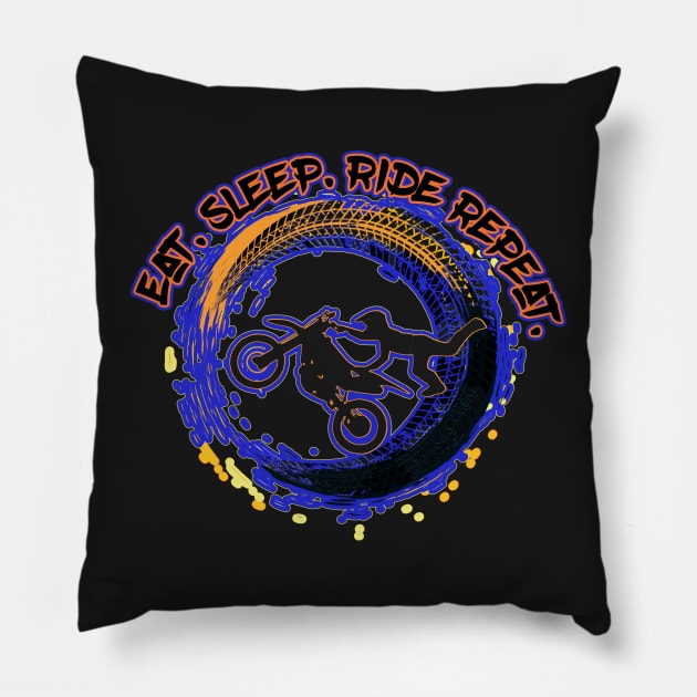 Blue and Orange Eat Sleep Ride Repeat Dirt Bike Motocross Pillow by FamilyCurios