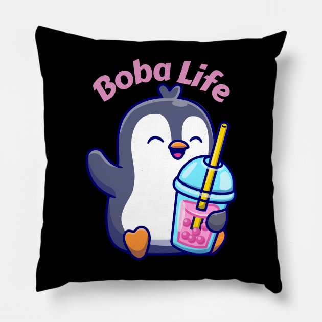 Cute penguin boba tea lover Pillow by Artist usha